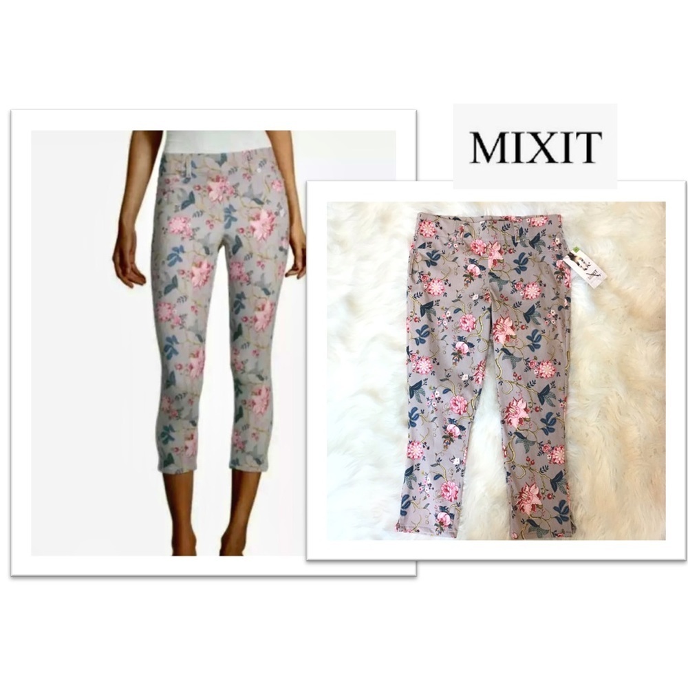 MIXIT Womens Tan Floral Slit Leg Stretch Crop Pants Jeggings Size Medium